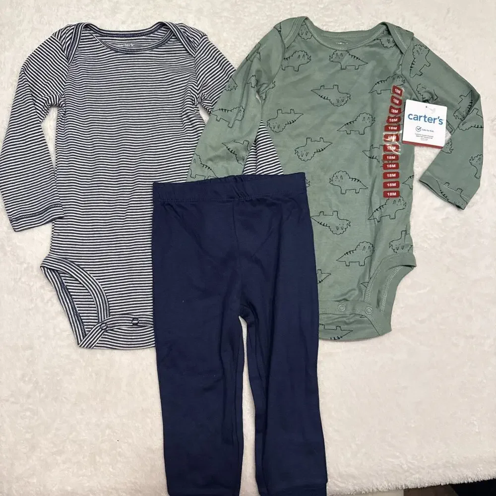 Carters Baby Boy 3 Pc Set 2 Long Sleeve One Piece 1 Pants Blue/ Green Size 18 M
